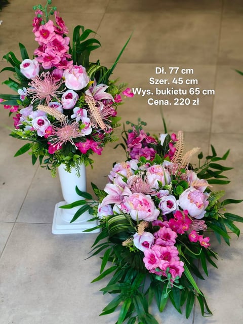 Two pink and white floral arrangements - a tall arrangement in a white vase and a low groundpiece arrangement with roses and carnations