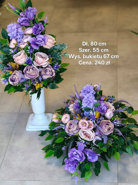 Two floral arrangements featuring purple and pink roses with greenery - one in a white vase standing upright, one in a low cascade style