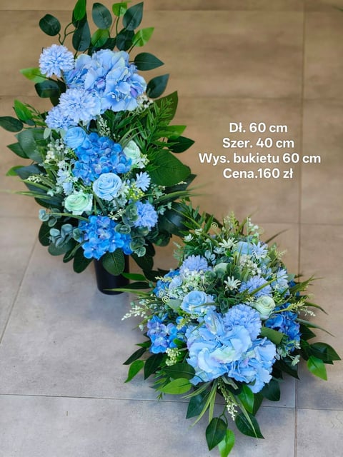 Two blue hydrangea floral arrangements displayed on a tiled floor with product specifications and pricing