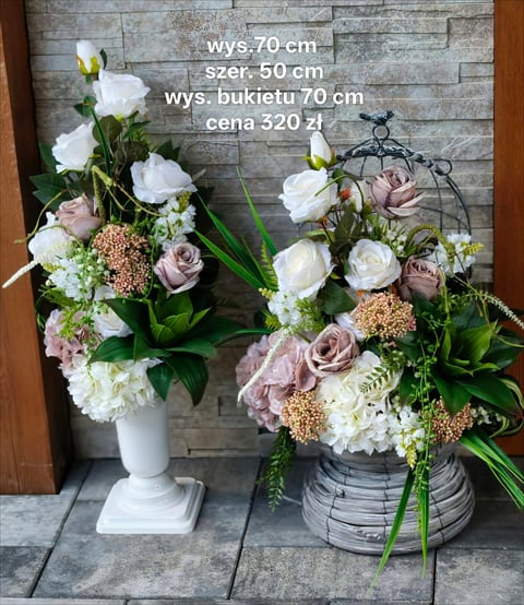 Two elegant flower arrangements with white hydrangeas, pink roses, and greenery in white and striped vases displayed with product specifications
