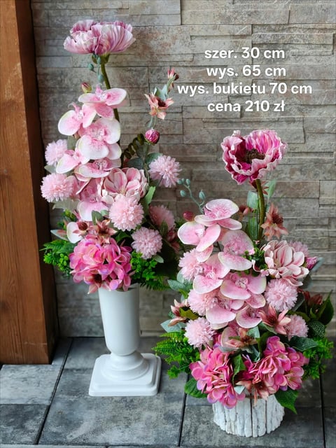 Two white vases with pink peonies and carnations arranged as floral displays against a brick wall with product specifications and price