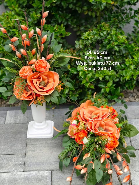 Two floral arrangements with orange roses and greenery, one in a white vase and one low arrangement, with product details displayed